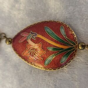 Red Cloisonne Pendant Rope Necklace With Tassel Double Sided Tiger Lilly Flower